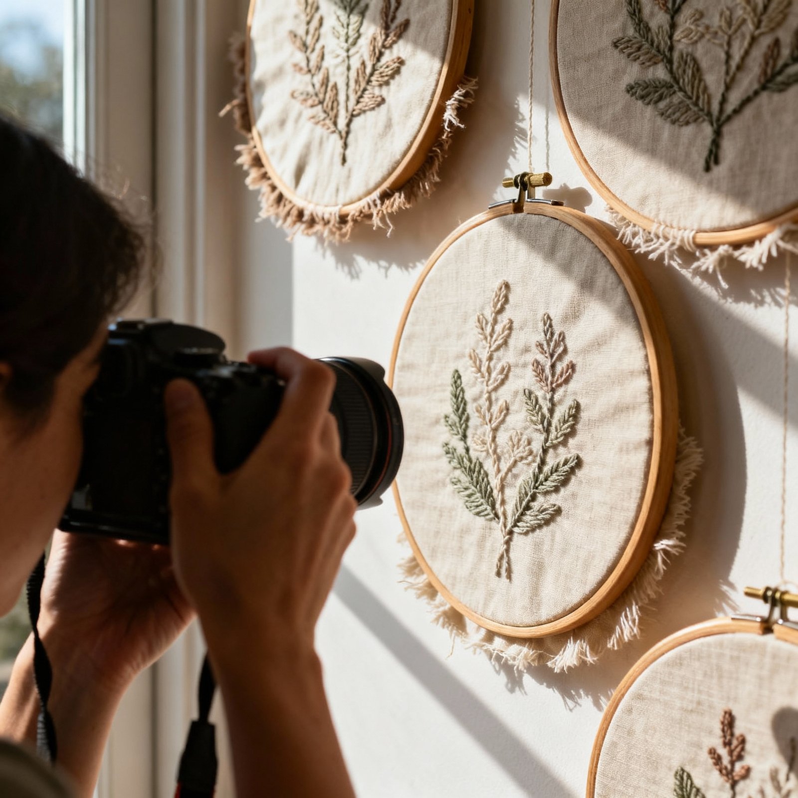 A person takes a photo of embroidered leafy designs displayed in wooden hoops on a sunlit wall.
