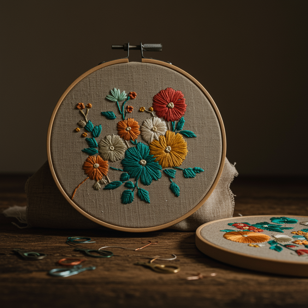 An embroidery hoop displays colourful stitched flowers and leaves on fabric, with another hoop, threads, and needles on a wooden surface nearby, all softly lit in a warm, cosy setting.