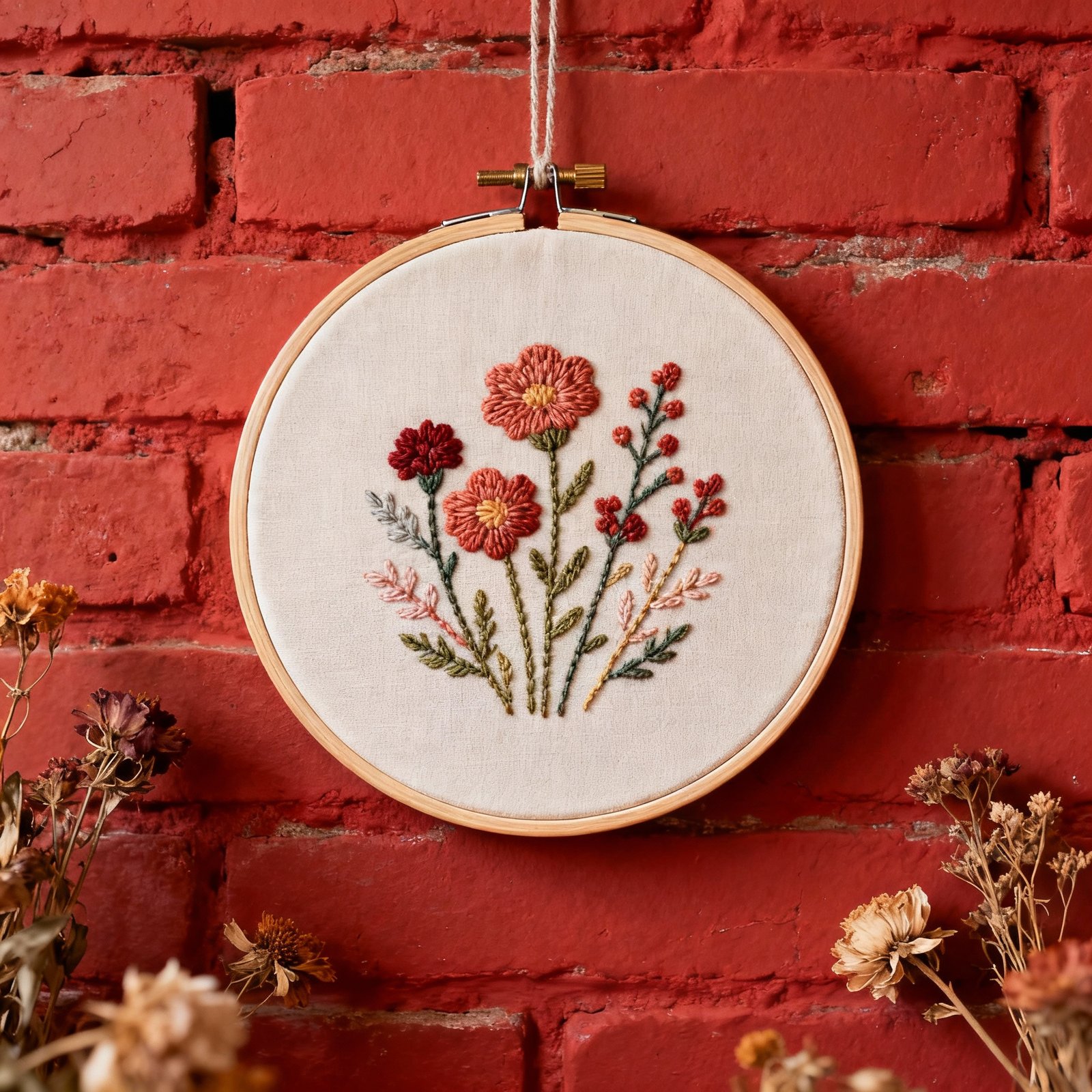 An embroidery hoop with colourful flowers stitched on white fabric hangs on a red brick wall, surrounded by dried flowers at the bottom of the image.