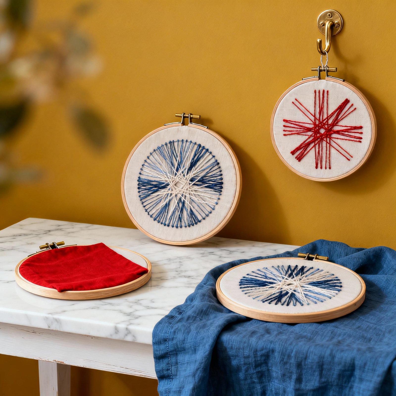 Three embroidery hoops with abstract red and blue string designs and one hoop with red fabric are displayed on a marble table and hung on a yellow wall, alongside a blue cloth draped on the surface.