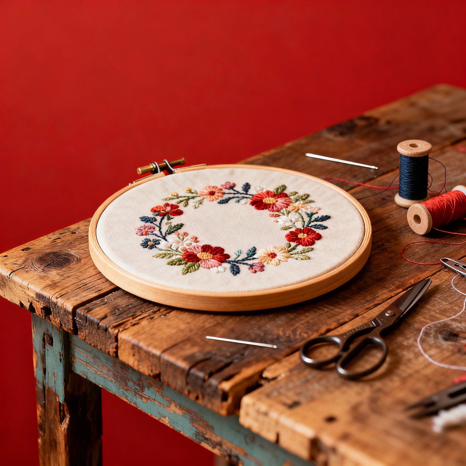 A wooden embroidery hoop with a colourful floral wreath design on white fabric sits on a rustic wooden table, surrounded by scissors, thread reels, and needles, against a red background.