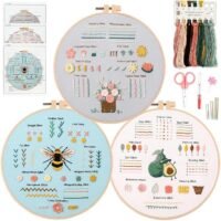 The Embroidery Stitch Practice Kit 3 features three hoops stitched with flowers, a bee, and plants, plus embroidery floss, scissors, needles, and pattern guides—everything you need for hand embroidery projects.