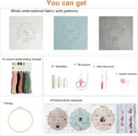 The Embroidery Stitch Practice Kit 3 includes patterned fabrics, 12 coloured threads, 9 needles, scissors, a wire remover, needle threader, hoop, and four illustrated instruction manuals.
