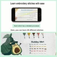 The Embroidery Stitch Practice Kit 3 displays a phone with stitch instructions and an embroidered sampler featuring 28 labelled, colourful stitches—including a pear and an avocado—in neatly organised rows.
