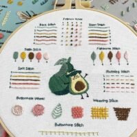 The Embroidery Stitch Practice Kit 3 features a hoop displaying colourful stitch samples, their names, and instructions, centred around two hugging avocados. The background shows additional embroidery patterns on fabric.