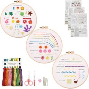 The Embroidery Stitch Practice Kit 4 includes sample hoops with various stitches, coloured threads, scissors, needles, a threader, and instructional booklets—all arranged neatly on a white background.
