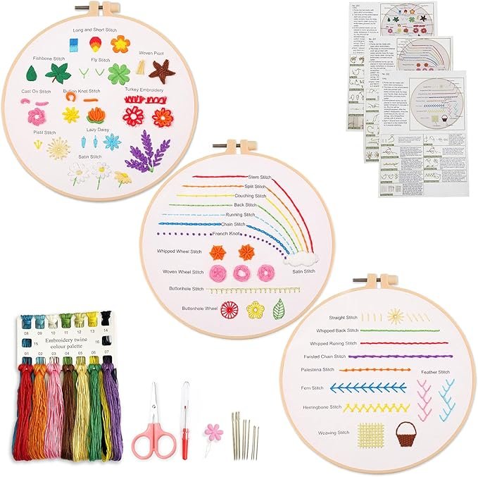 The Embroidery Stitch Practice Kit 4 includes sample hoops with various stitches, coloured threads, scissors, needles, a threader, and instructional booklets—all arranged neatly on a white background.