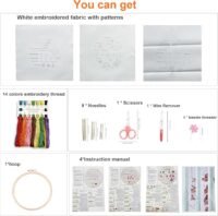 The Embroidery Stitch Practice Kit 4 includes white patterned fabric, 14 coloured threads, 9 needles, scissors, wire remover, needle threader, wooden hoop, and a 4-page manual.
