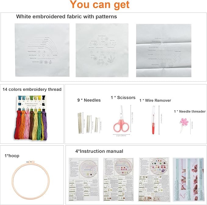 The Embroidery Stitch Practice Kit 4 includes white patterned fabric, 14 coloured threads, 9 needles, scissors, wire remover, needle threader, wooden hoop, and a 4-page manual.