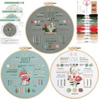 The Embroidery Stitch Practice Kit 2 features three hoops showcasing various floral and stitch designs, with coloured threads, scissors, needles, and instruction sheets arranged neatly around them.