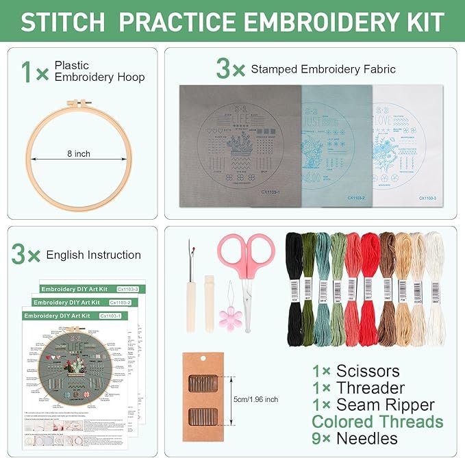 Image of Embroidery Stitch Practice Kit 2: includes a plastic hoop, three stamped fabrics, English instructions, scissors, threader, seam ripper, coloured threads, and nine needles.