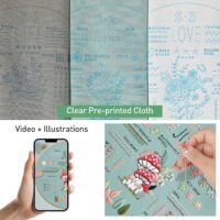 The Embroidery Stitch Practice Kit 2 features three blue cloths labelled S1 LIFE, S2 JUST, and S3 LOVE with pre-printed patterns. A hand embroiders mushrooms on a cloth whilst instructions are shown on a mobile phone.