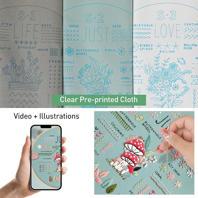 The Embroidery Stitch Practice Kit 2 features three blue cloths labelled S1 LIFE, S2 JUST, and S3 LOVE with pre-printed patterns. A hand embroiders mushrooms on a cloth whilst instructions are shown on a mobile phone.