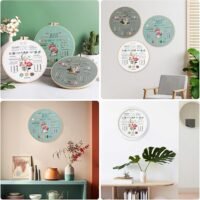 Four images display the Embroidery Stitch Practice Kit 2, featuring round hoops with floral and inspirational designs, arranged on shelves and walls in modern spaces with plants and minimalist décor.