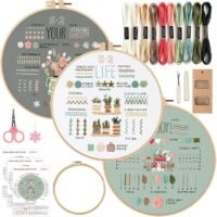 Embroidery Stitch Practice Kit 1 includes three fabric hoops with stitch samples and floral designs, colourful threads, scissors, needles, thimble, needle threaders, and instructional sheets.