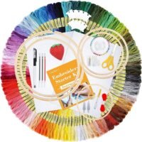 The Hand Embroidery Starter Kit (304 pieces) includes colourful floss skeins arranged in a circle, wooden hoops, needles, scissors, pins, threaders, a seam ripper, strawberry pin cushion, and an instruction booklet in the centre.