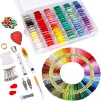 The Hand Embroidery Starter Kit (364 pieces) includes a box of assorted threads, circular thread skeins, safety pins, needles, measuring tape, thimble, seam ripper, beads, and various sewing accessories—perfect for colourful embroidery projects.