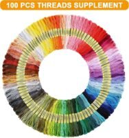 A circular display features 100 colourful threads from the Hand Embroidery Starter Kit (364 pieces), neatly arranged by shade. An orange banner at the top reads "100 PCS THREADS SUPPLEMENT" in white text.