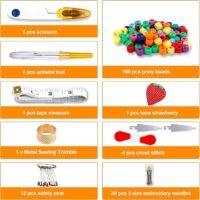 The Hand Embroidery Starter Kit (364 pieces) includes scissors, a seam ripper, pony beads, tape measure, strawberry pin cushion, thimble, needle threaders, safety pins, embroidery needles, and cross stitch tools.