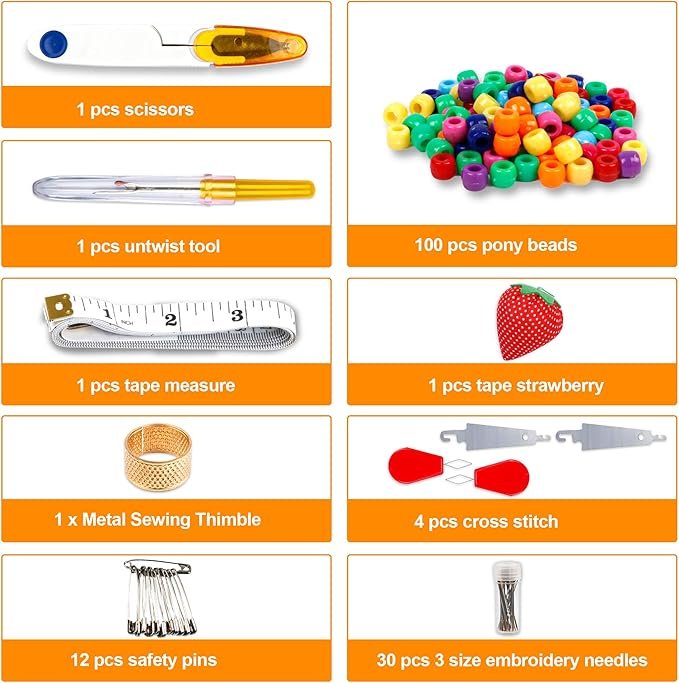 The Hand Embroidery Starter Kit (364 pieces) includes scissors, a seam ripper, pony beads, tape measure, strawberry pin cushion, thimble, needle threaders, safety pins, embroidery needles, and cross stitch tools.