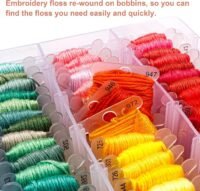 A close-up shows colourful floss in the Hand Embroidery Starter Kit (364 pieces), rewound on labelled bobbins for easy, quick access—organised neatly in a clear storage box.