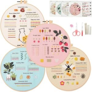 The Embroidery Stitch Practice Kit 5 features five hoops with vibrant floral and plant designs, plus embroidery patterns, scissors, needles, threads, and essential supplies for stitching practice displayed nearby.