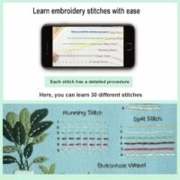 The Embroidery Stitch Practice Kit 5 features a detailed instructional fabric with labelled stitch types, a mobile displaying step-by-step guides, and text highlighting how to easily learn 30 embroidery stitches.
