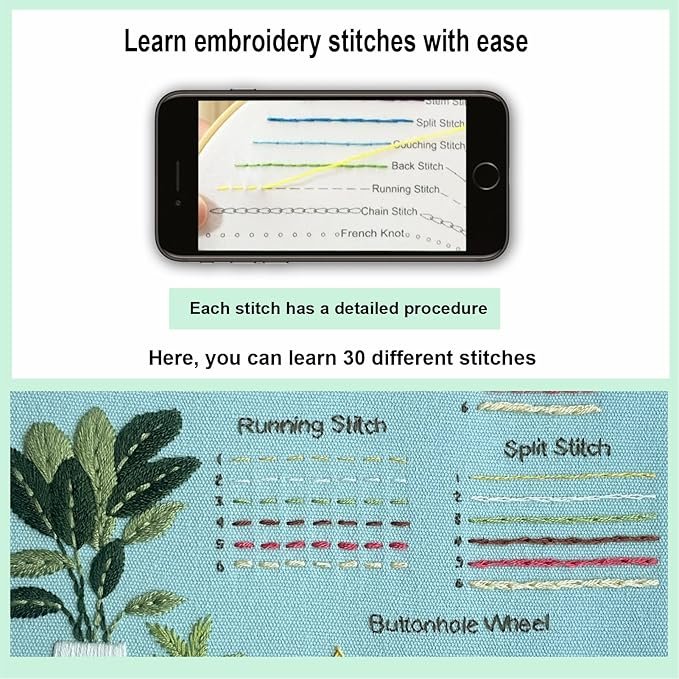 The Embroidery Stitch Practice Kit 5 features a detailed instructional fabric with labelled stitch types, a mobile displaying step-by-step guides, and text highlighting how to easily learn 30 embroidery stitches.