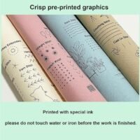The Embroidery Stitch Practice Kit 5 includes four pastel fabric sheets with crisp pre-printed embroidery patterns and stitch guides. Top text reads “Crisp pre-printed graphics”; bottom notes not to touch water or iron before finishing.