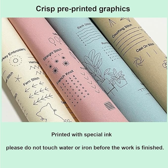 The Embroidery Stitch Practice Kit 5 includes four pastel fabric sheets with crisp pre-printed embroidery patterns and stitch guides. Top text reads “Crisp pre-printed graphics”; bottom notes not to touch water or iron before finishing.