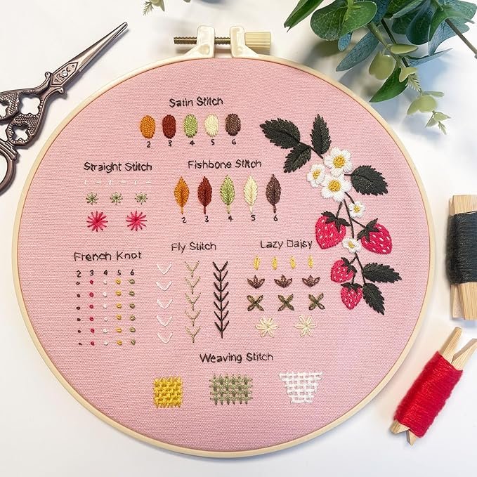 The Embroidery Stitch Practice Kit 5 displays assorted stitch samples and labels on pink fabric, featuring satin, straight, fishbone stitches, embroidered strawberries and leaves, plus scissors and threads nearby.