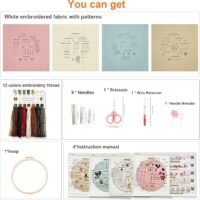 The Embroidery Stitch Practice Kit 5 includes four patterned fabrics, 12 thread colours, nine needles, scissors, a wire remover, needle threader, a hoop, and four illustrated instruction manuals.