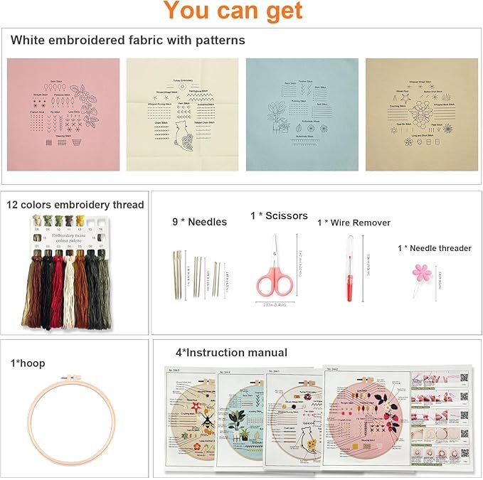 The Embroidery Stitch Practice Kit 5 includes four patterned fabrics, 12 thread colours, nine needles, scissors, a wire remover, needle threader, a hoop, and four illustrated instruction manuals.
