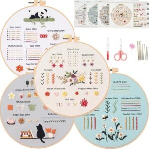 The Embroidery Stitch Practice Kit 6 features four hoops showcasing colourful floral and animal designs with stitch techniques like French knots and lazy daisy, plus embroidery tools, thread, and instruction sheets arranged above.