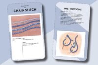 The Essential Embroidery Stitches Card Deck by Betty Barnden includes two chain stitch cards: one with blue-stitched lines, description, and uses; the other features hand-drawn steps and instructions for making a chain stitch.