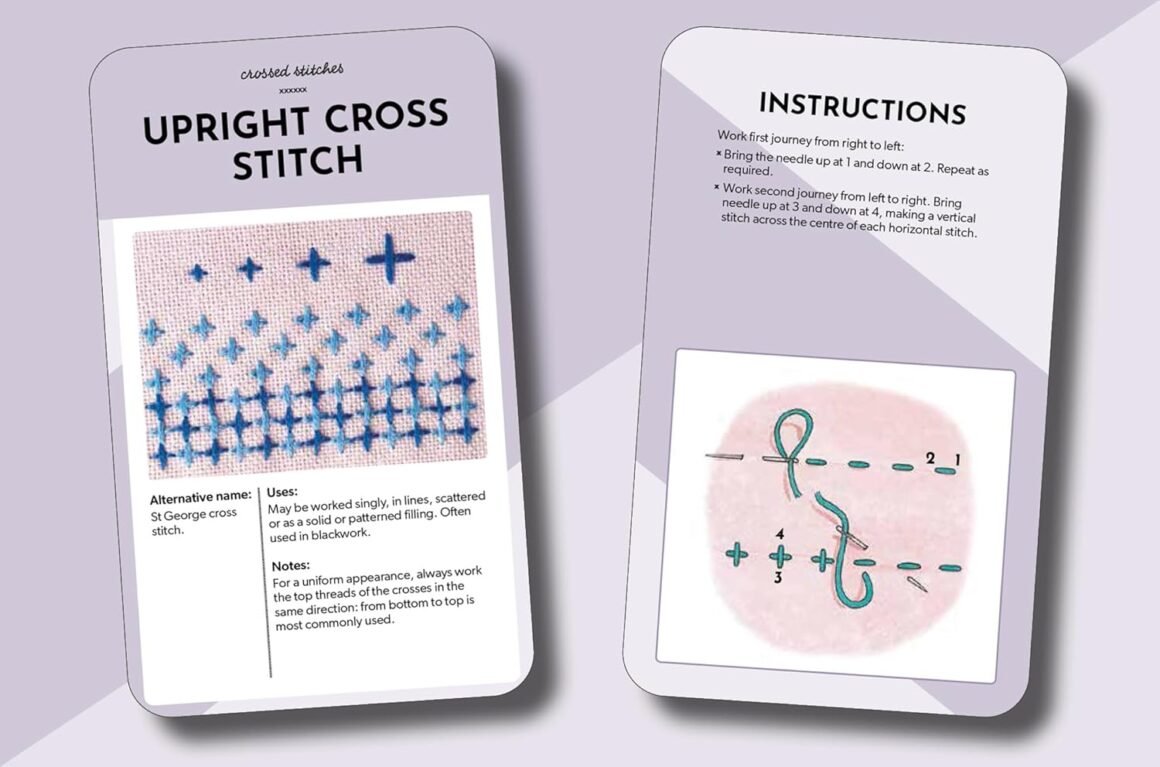 The Essential Embroidery Stitches Card Deck by Betty Barnden includes two cards for upright cross stitch: one with a photo of blue stitches and instructions, and the other featuring a step-by-step diagram with a stitched needle illustration.