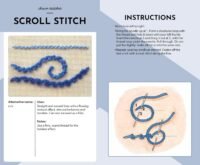 The Essential Embroidery Stitches Card Deck by Betty Barnden includes a scroll stitch guide with a photo of blue scroll stitches on fabric, written instructions, and a step-by-step diagram for needle and thread placement.