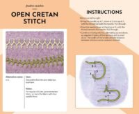 The Essential Embroidery Stitches Card Deck by Betty Barnden includes a diagram of open cretan stitch on purple fabric, with step-by-step needle instructions and stitch details shown on a peach background.