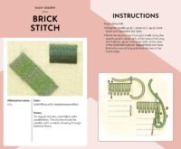 The Essential Embroidery Stitches Card Deck by Betty Barnden features step-by-step brick stitch guides, close-up photos of green stitched rows on fabric, diagrams, and written instructions for mastering this embroidery technique.