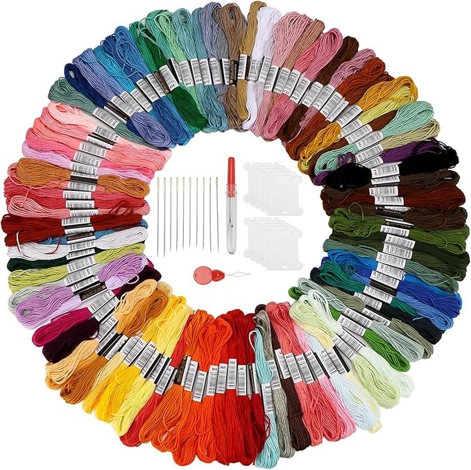 The Hand Embroidery Threads (100 pieces) are arranged in a circle with needles, a seam ripper, bobbins, and a threader in the centre on a white background.