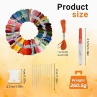 The image displays Hand Embroidery Threads (100 pieces) in various colours, a single skein, a pen-shaped tool, six needles, a white bobbin, and their dimensions. Text reads: Product size and Weight 260.5g.