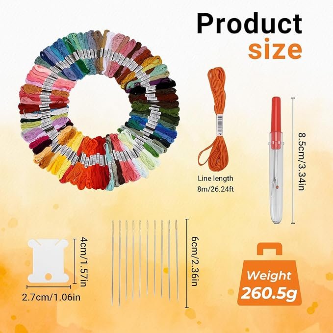 The image displays Hand Embroidery Threads (100 pieces) in various colours, a single skein, a pen-shaped tool, six needles, a white bobbin, and their dimensions. Text reads: Product size and Weight 260.5g.