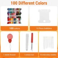 Hand Embroidery Threads (100 pieces) includes 100 colourful floss skeins, 10 white bobbins, a red needle threader, clear needle case, red untwist tool, and 10 embroidery needles on an orange background.