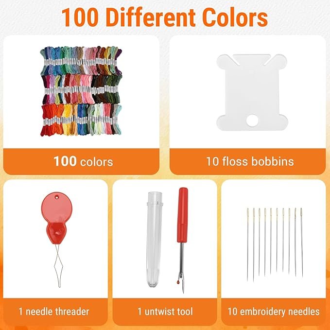 Hand Embroidery Threads (100 pieces) includes 100 colourful floss skeins, 10 white bobbins, a red needle threader, clear needle case, red untwist tool, and 10 embroidery needles on an orange background.
