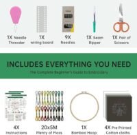 A flat lay of the Embroidery Stitch Practice Kit 7, featuring a needle threader, wiring board, needles, seam ripper, scissors, instructions, colourful floss, bamboo hoop, and pre-printed cotton cloths—labelled and neatly organised by type.