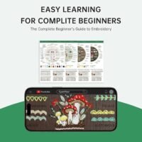 The Embroidery Stitch Practice Kit 7 is shown for beginners, with illustrated stitch charts and a smartphone displaying embroidered mushrooms and patterns, plus the text: Easy Learning for Complete Beginners.