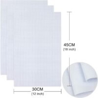 Three white mesh sheets from the Hand Embroidery Starter Kit (215 pieces) are stacked, with a close-up showing the material. Dimensions: 45 cm (18 in) tall and 30 cm (12 in) wide.