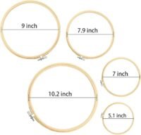 The Hand Embroidery Starter Kit (215 pieces) features five round hoops with diameters of 10.2", 9", 7.9", 7", and 5.1", arranged on a white background.