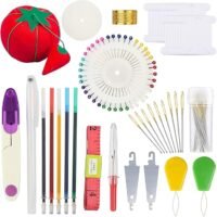 The Hand Embroidery Starter Kit (215 pieces) includes pins, needles, a tomato pincushion, coloured pens, measuring tape, threaders, seam ripper, bobbins, and thimble—all displayed on a white background.