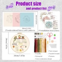 Embroidery Stitch Practice Kit 8 includes 3 patterned fabrics, 3 instructions, a 20cm hoop, 9 needles, coloured threads, threader, string ball, scissors, wire stripper, and embroidery thread.